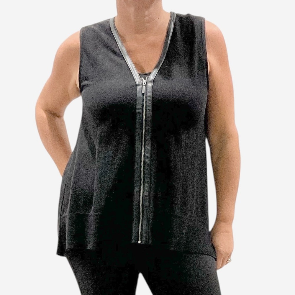 White House Black‎ Market Sleeveless Pleather Zip Front Knit Tunic Top